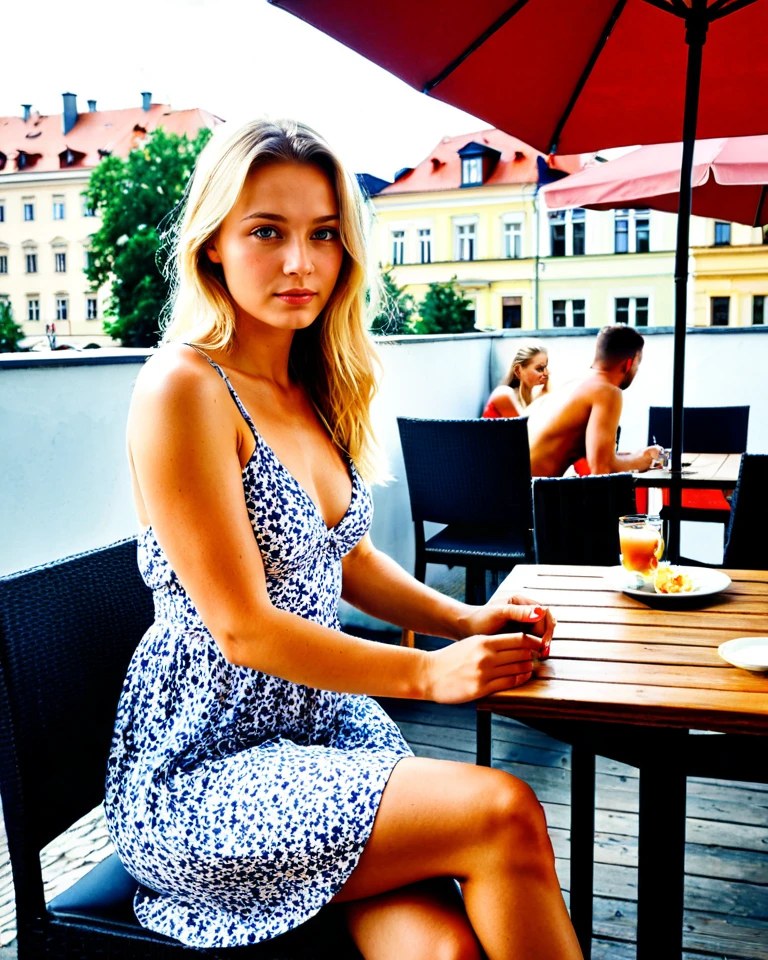 Magda, warsaw old town cafe terrace, summer afternoon, lifestyle